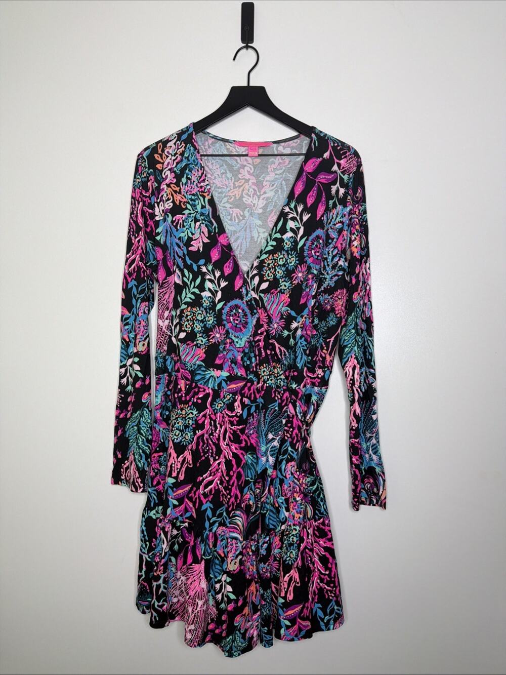 Lilly Pulitzer Coral Ocean Romper Ruffle Long Sleeve Wrap Dress Size Xl